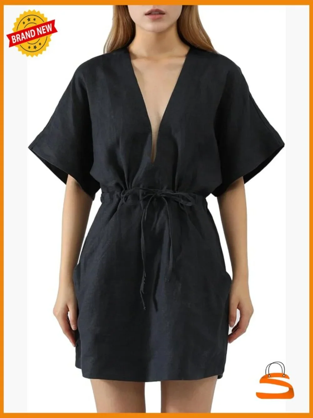 100% Linen Sleeveless V Neck Beach Cover Up Lounge Dress Robe